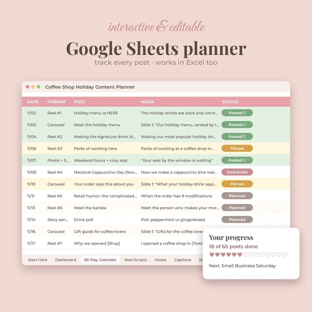 Coffee Shop Holiday Content Kit: Google Sheets planner